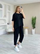 Kadın Kısa Kollu Bisiklet Yaka Viskon Iki Iplik Bluz Ve Pantolon Ikili Takım resmi